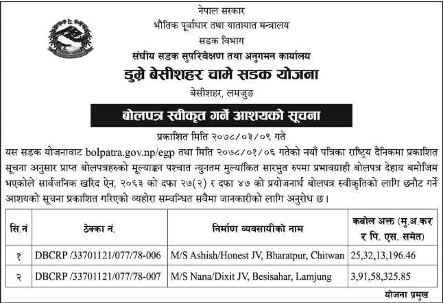 Dumre Besishahar Chame Road Project, Beshishahar, Lamjung selects M/S Ashish/Honest JV, Chitwan and M/S Nana/Dixit JV, Lamjung. Image 5(3).png